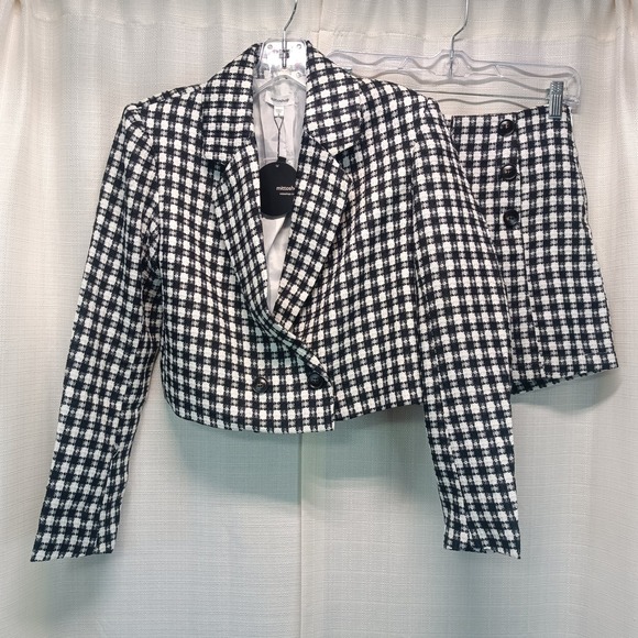 mittoshop Jackets & Blazers - Mittoshop Plaid Tweed Blazer Shorts Set Black White Cropped Suit Womens S Office